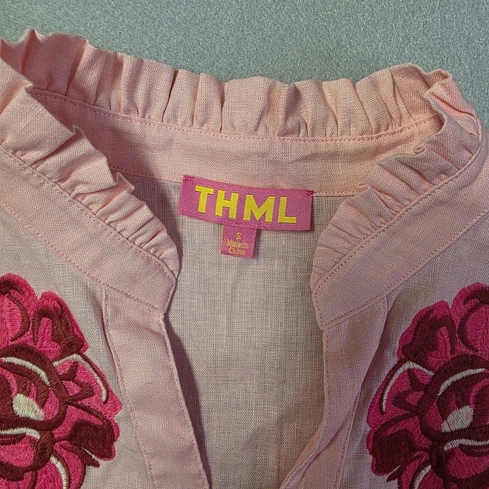 THML linen Women Small Pink Floral Embroidered Puff Sleeve Blouse Top - Picture 3 of 6